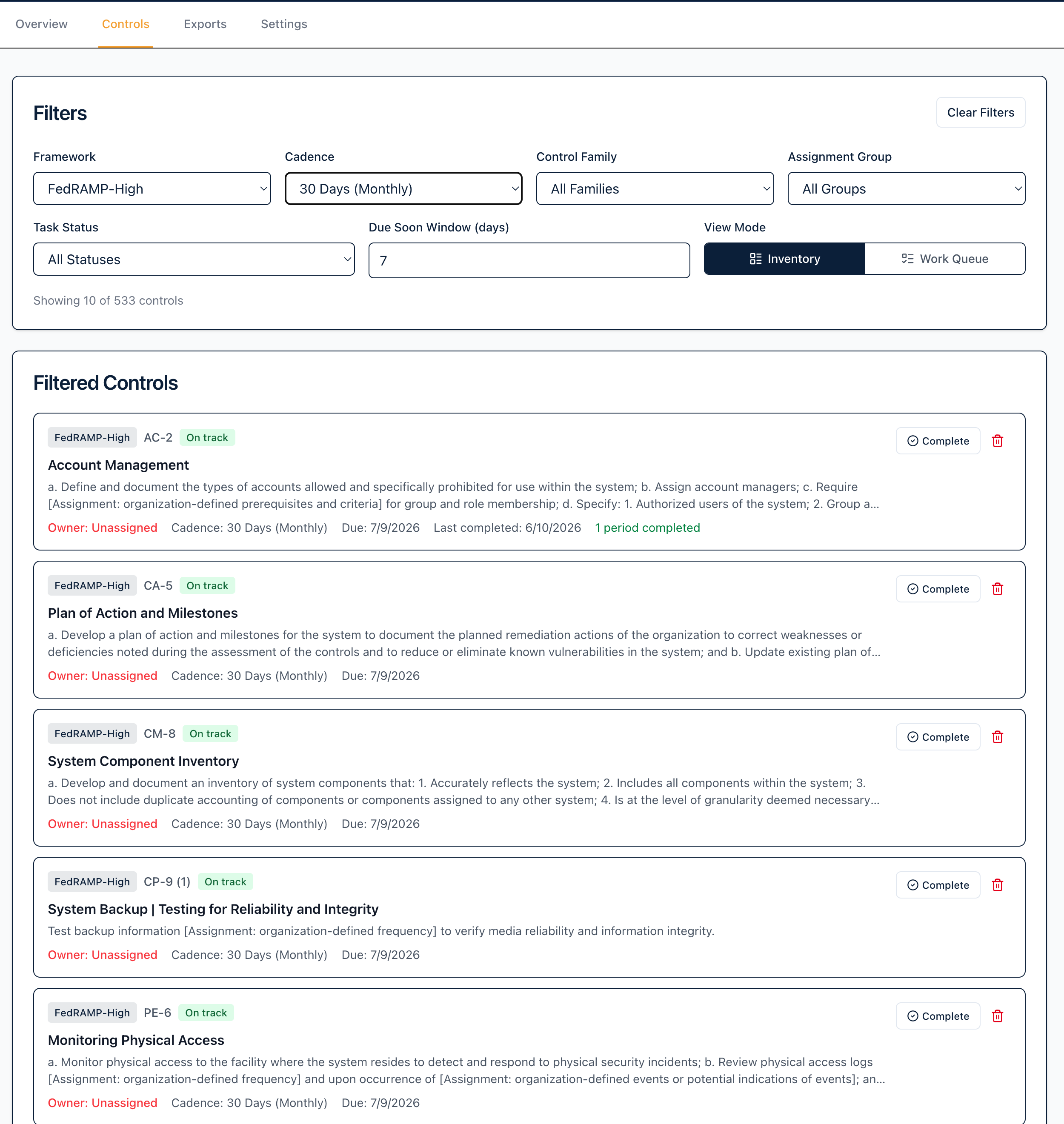 Control inventory and work queue